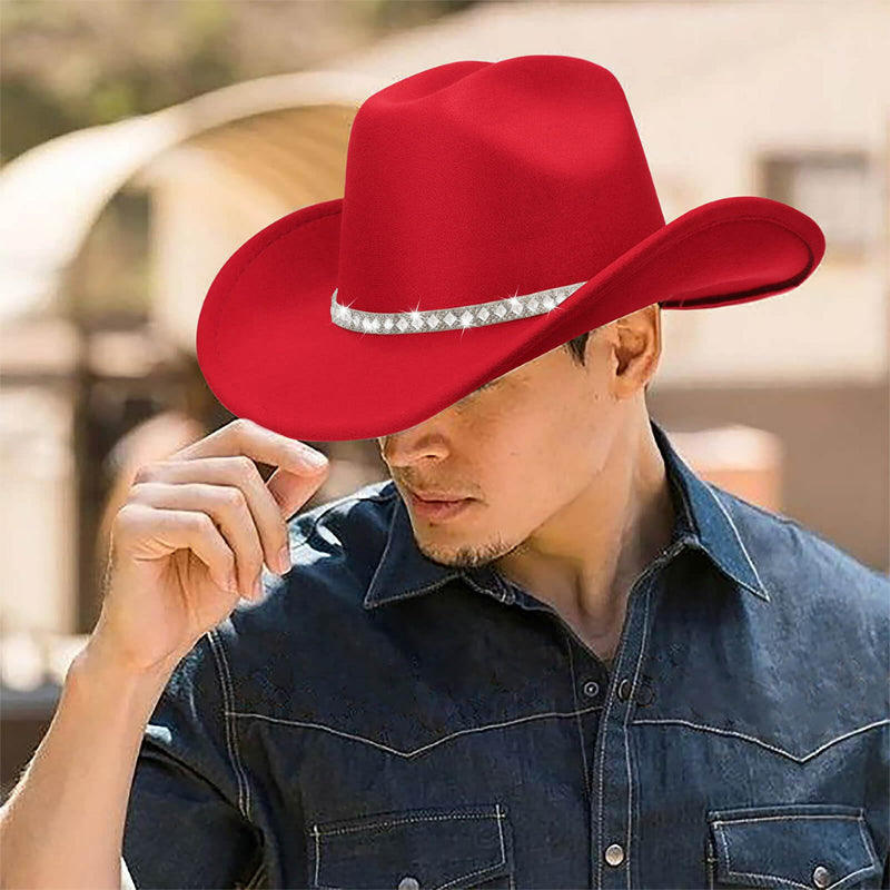 Red felt cowboy hat with sparkling crystal rhinestone band worn by model