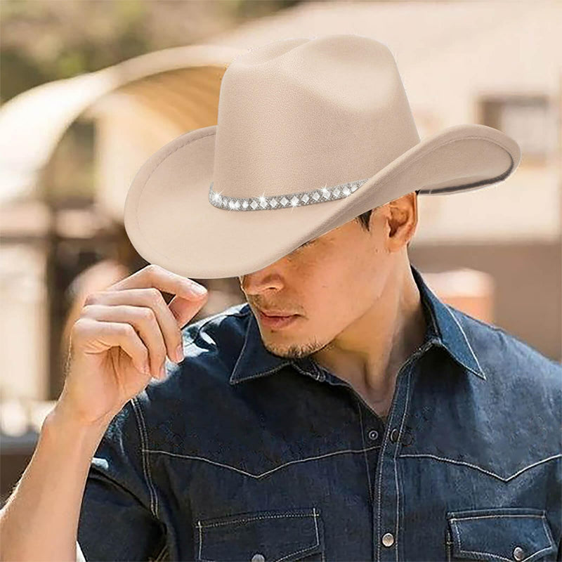 Light brown felt cowboy hat with double-row rhinestone band worn by model