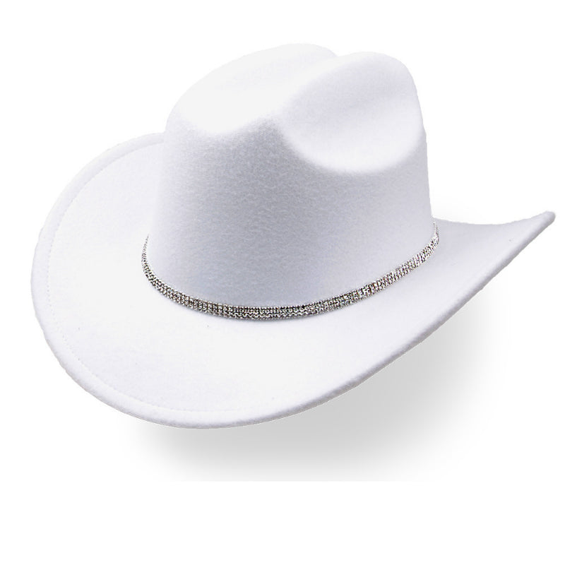 White felt cowboy hat with single-row rhinestone band