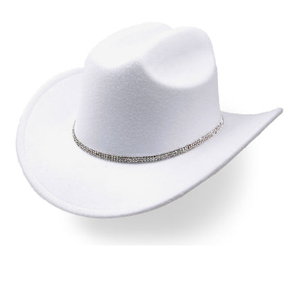 White felt cowboy hat with single-row rhinestone band