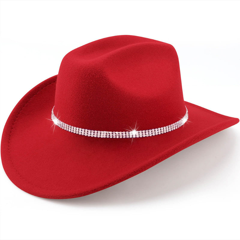 Red felt cowboy hat with single-row rhinestone band