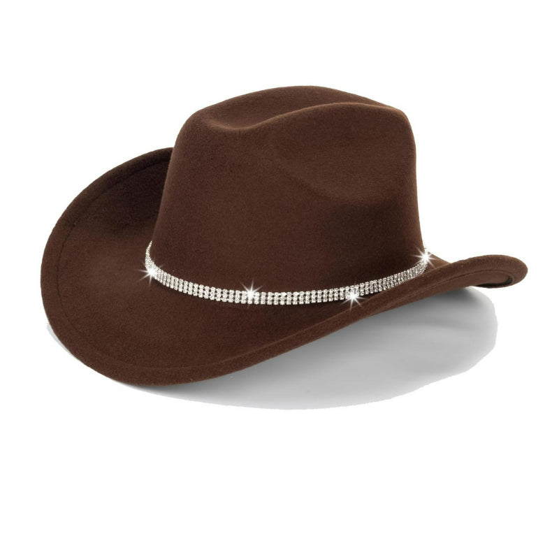 Brown felt cowboy hat with single-row rhinestone band