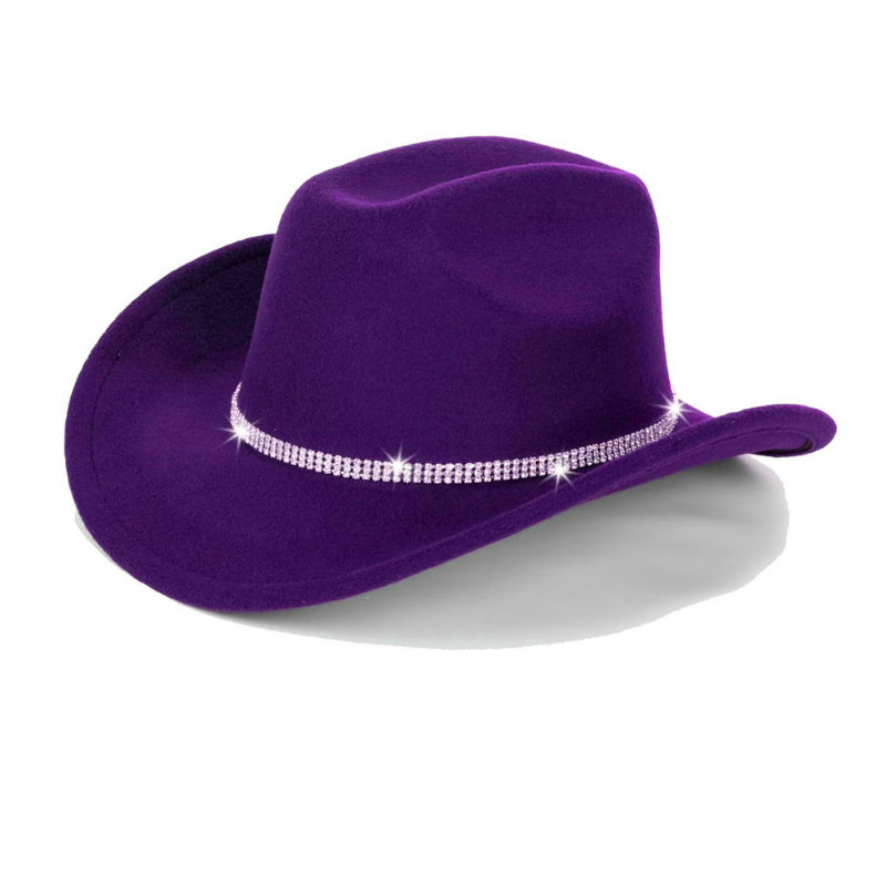 Purple felt cowboy hat with single-row rhinestone band