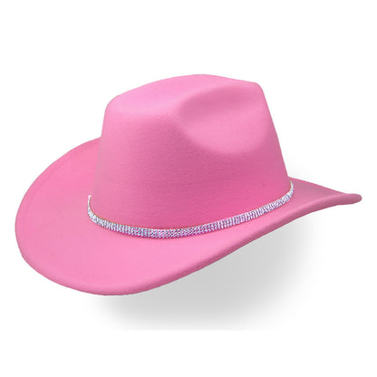Pink felt cowboy hat with single-row rhinestone band
