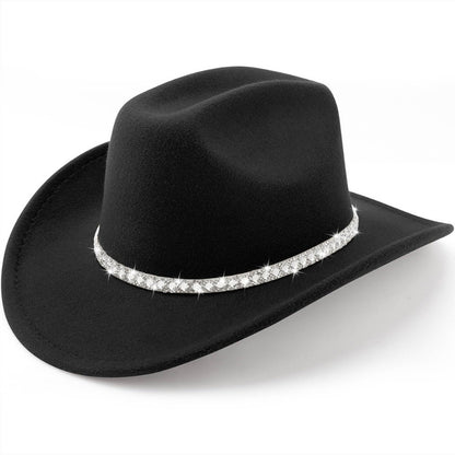 Black felt cowboy hat with double-row crystal rhinestone band
