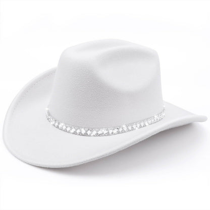 White felt cowboy hat with double-row crystal rhinestone band