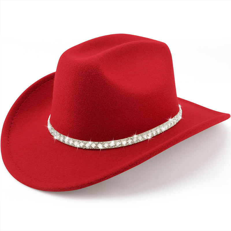 Red felt cowboy hat with double-row crystal rhinestone band