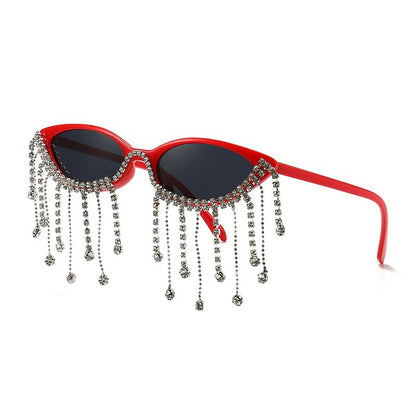 Rhinestone fringe sunglasses red frame with grey lenses