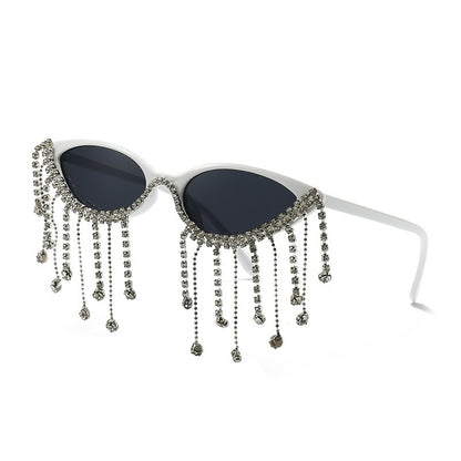 Rhinestone fringe sunglasses white frame with dark lenses