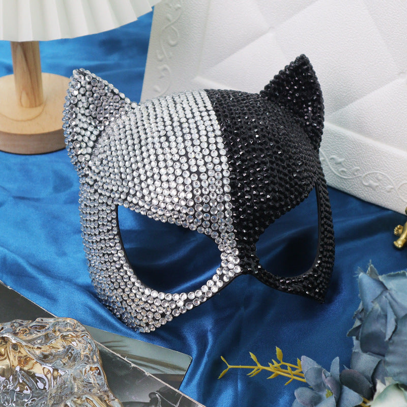 Rhinestone masquerade mask angled profile showing rhinestone coverage and ribbon tie