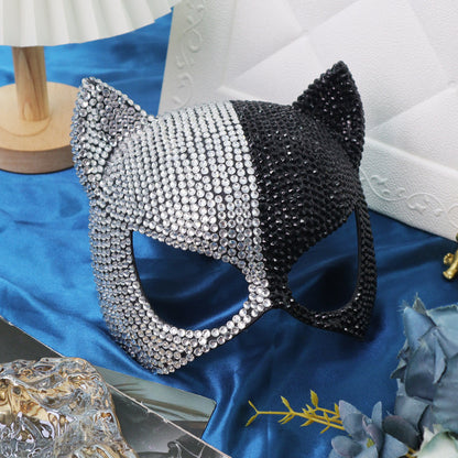 Rhinestone masquerade mask angled profile showing rhinestone coverage and ribbon tie