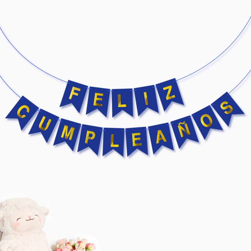 Spanish Happy Birthday Banner – Foil Stamped Fish Tail Pennant Garland, Gold Lettering Party Bunting for Spanish Celebration Decor