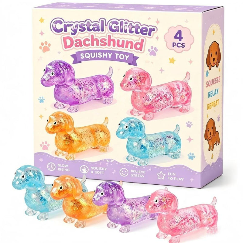 Dachshund squishy toy 4-pack in retail display color box packaging