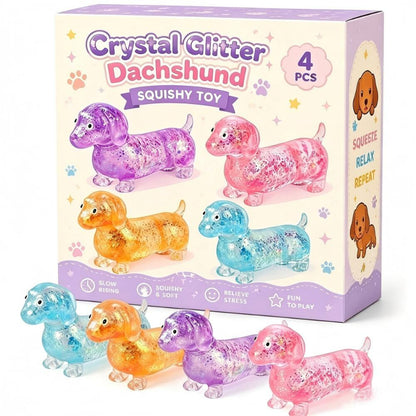 Dachshund squishy toy 4-pack in retail display color box packaging