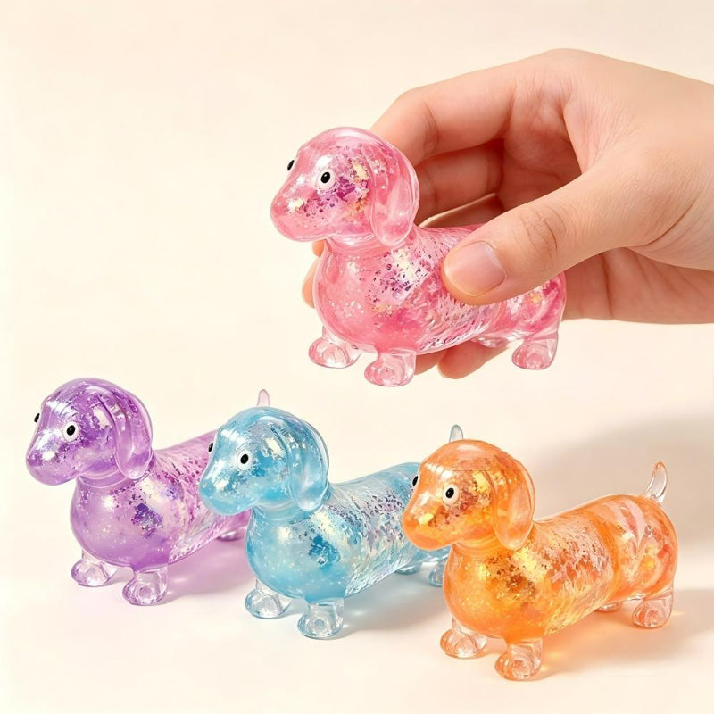 Dachshund squishy toy hand squeeze demonstrating slow rebound flexibility