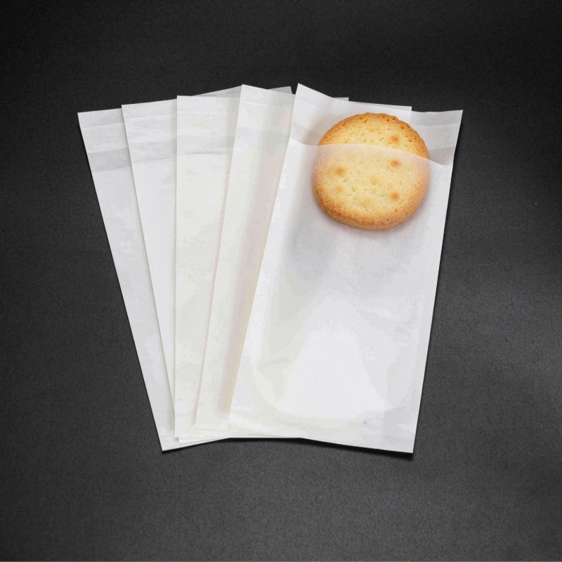 Self-adhesive paper bag fanned-out translucent glassine pouches