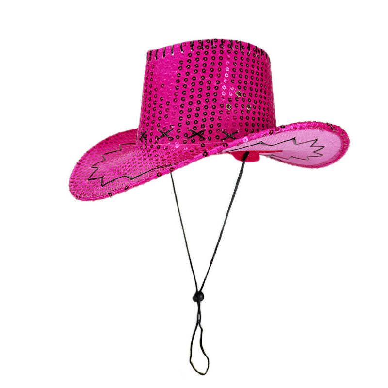 Rose red sequin cowboy hat with adjustable chin cord