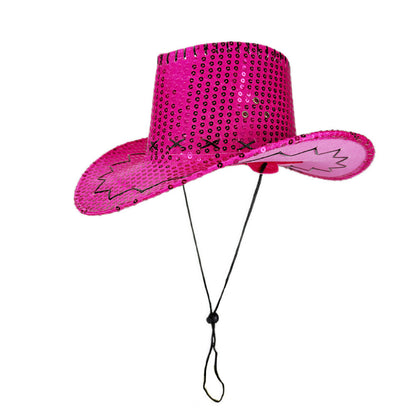 Rose red sequin cowboy hat with adjustable chin cord