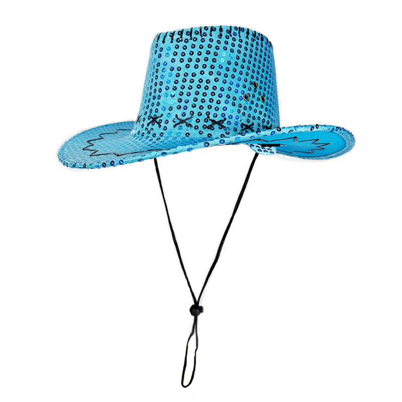 Blue sequin cowboy hat with adjustable chin cord