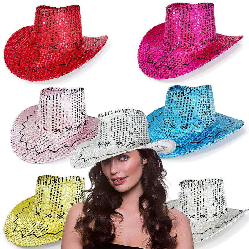 Sequin cowboy hats 6 color assortment worn by model