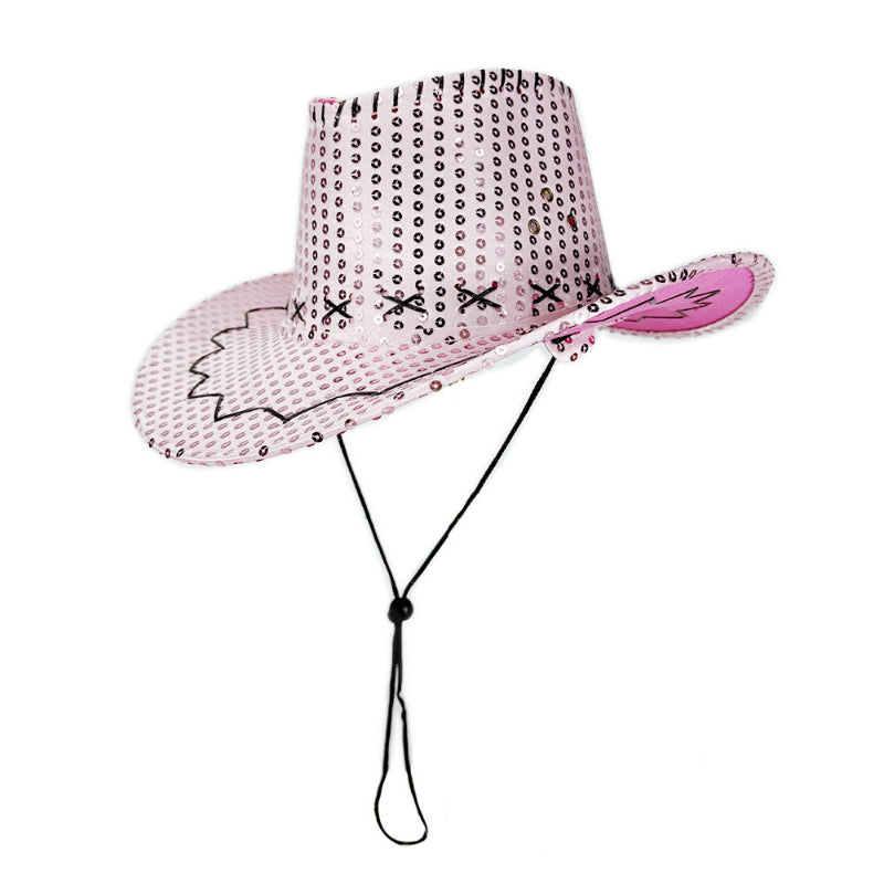 Pink sequin cowboy hat with adjustable chin cord