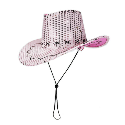 Pink sequin cowboy hat with adjustable chin cord