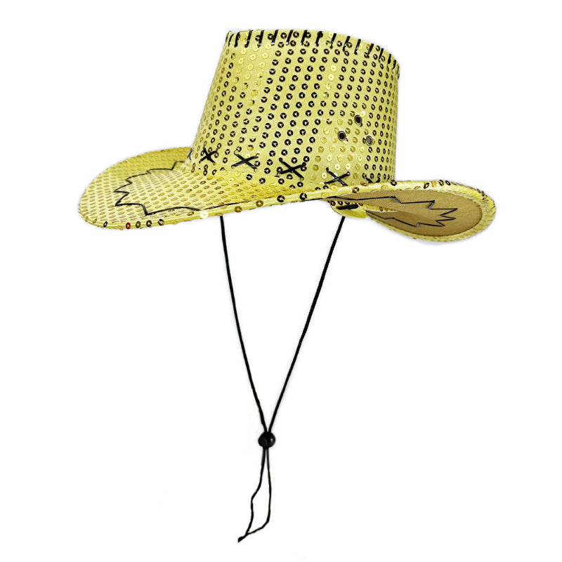 Yellow sequin cowboy hat with adjustable chin cord