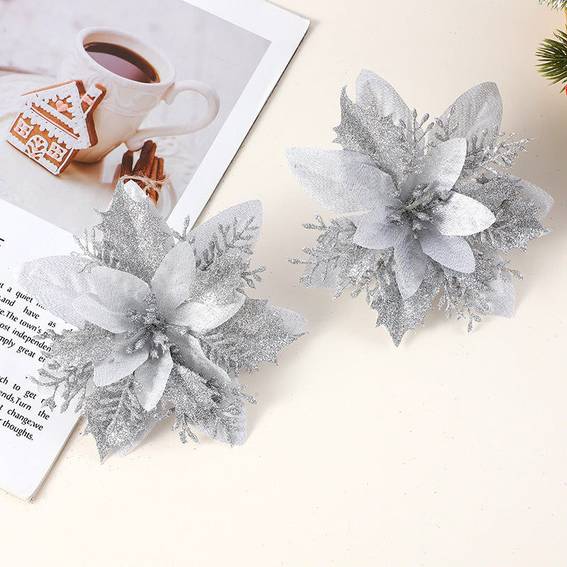 Realistic Faux Christmas Flowers with Glitter – Artificial Poinsettia Heads for Wreath Making, Tree Ornaments & Holiday DIY Projects (Champagne/Red‑Gold/Gold/Silver/Red, 14cm)