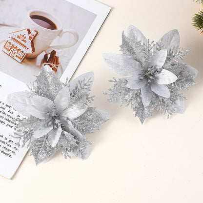 Realistic Faux Christmas Flowers with Glitter – Artificial Poinsettia Heads for Wreath Making, Tree Ornaments & Holiday DIY Projects (Champagne/Red‑Gold/Gold/Silver/Red, 14cm)