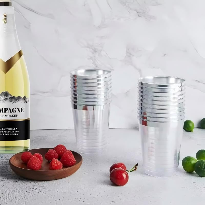 Gold Rim Disposable Hard Plastic Cups – 300ML/10OZ Elegant Clear Cups for Tiramisu, Wedding, Birthday & Party (Gold/Silver/Rose Gold/Gold Powder Rim, 25pcs/pack)