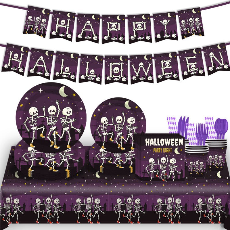 Skull-Themed Halloween Party Kit – Disposable Plates, Bunting & Tablecloth for Creepy Celebrations, Fast Shipping (10-Piece Set, 7″/9″ Plates, Cups, Napkins, Tablecloth, Bunting, Straws, Cutlery)
