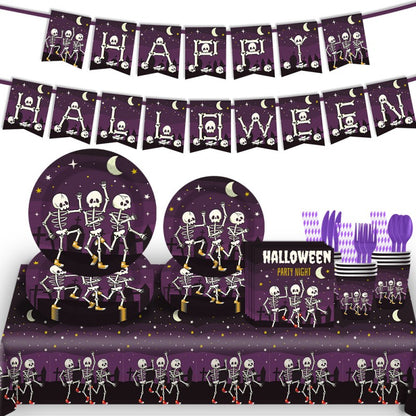 Skull-Themed Halloween Party Kit – Disposable Plates, Bunting & Tablecloth for Creepy Celebrations, Fast Shipping (10-Piece Set, 7″/9″ Plates, Cups, Napkins, Tablecloth, Bunting, Straws, Cutlery)