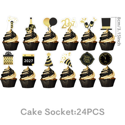2027 Black Gold Happy New Year Party Set, Banner, Paper Plates, Paper Cups, Tablecloth & Disposable Tableware