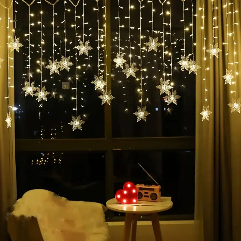 Solar snowflake icicle curtain light warm white staggered hanging drops