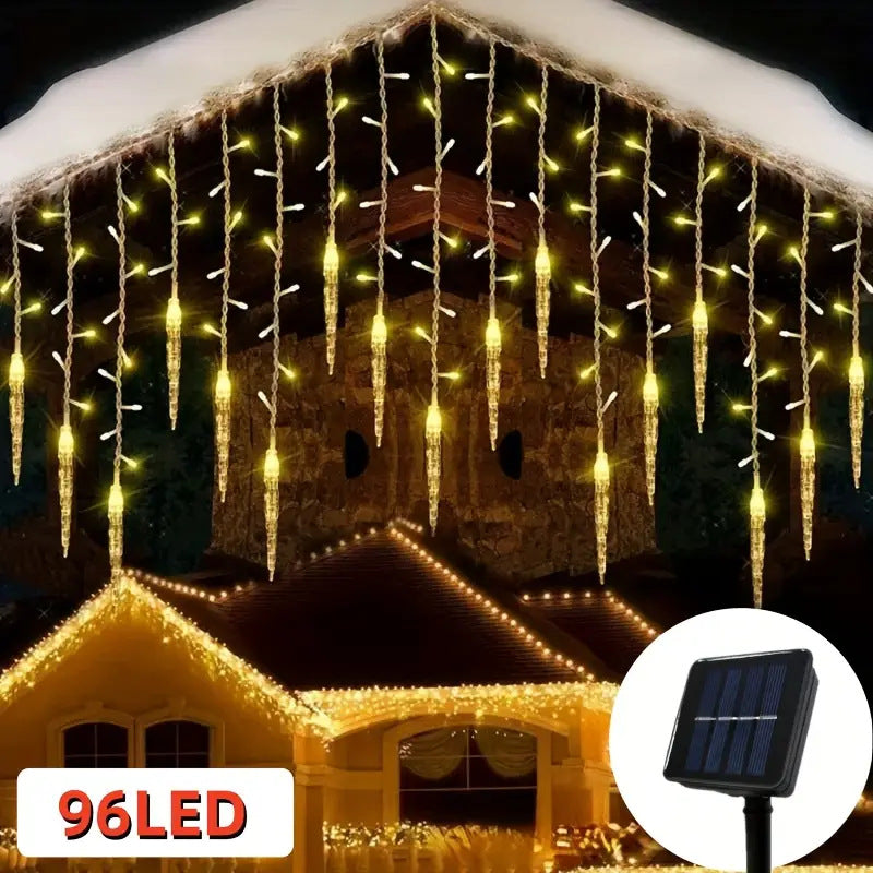 Solar snowflake icicle curtain light warm white eave mounted drops