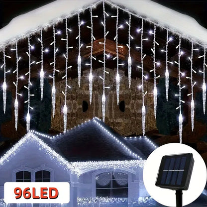 Solar snowflake icicle curtain light cool white eave mounted drops