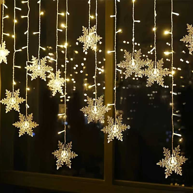 Solar snowflake icicle curtain light warm white window staggered drops