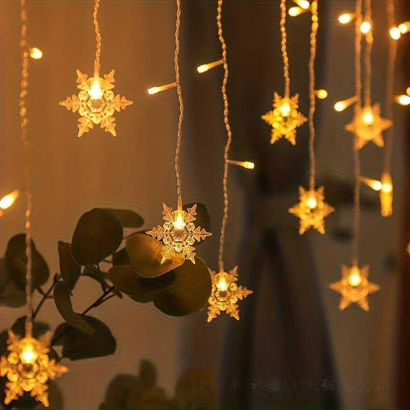 Solar snowflake icicle curtain light warm golden star pendants display