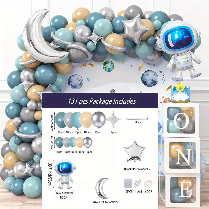 Space astronaut balloon kit dusty blue package specification diagram