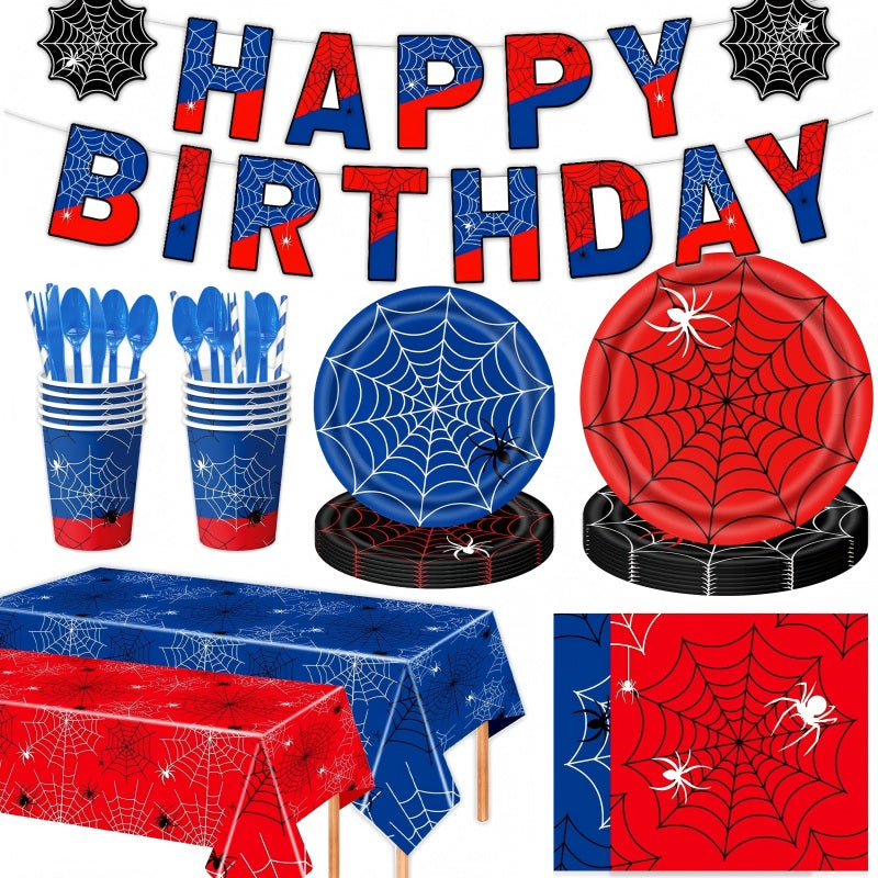 Halloween Spider Web Party Supplies | Birthday Tableware & Banner Decor Set (7″/9″ Plates, Cups, Napkins, Tablecloth, Bunting, Cutlery, Straws)