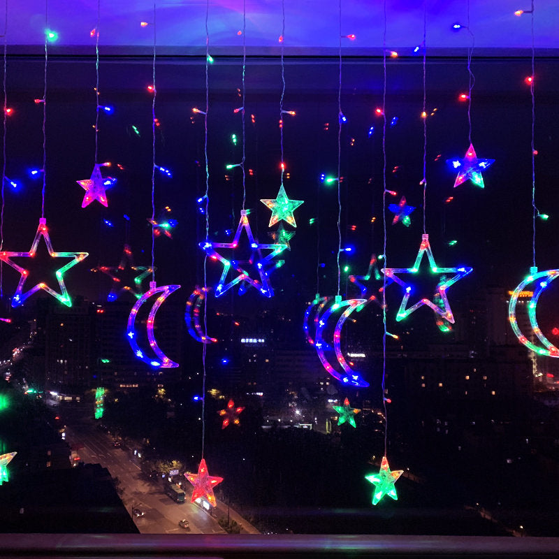 Curtain string lights vibrant multicolor stars and crescent moons hanging