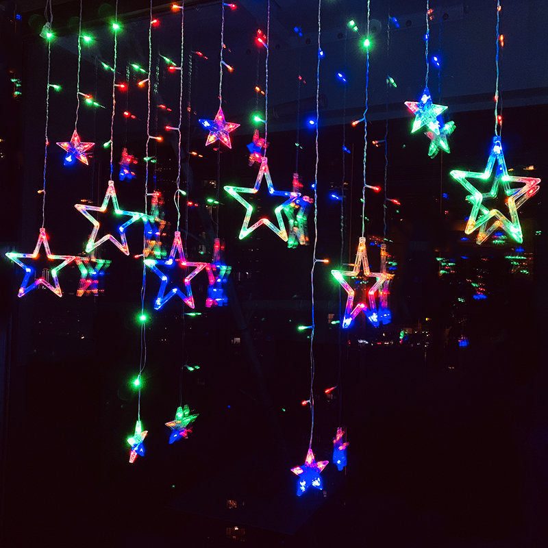 Curtain string lights colorful illuminated tiered large and small stars