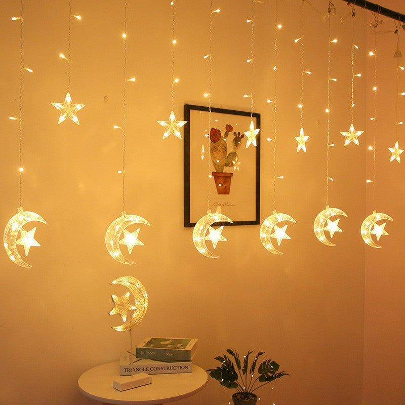 Curtain string lights warm white crescent moon embracing star pendants