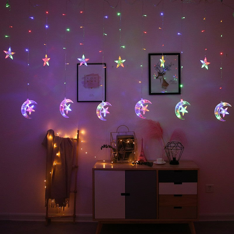 Curtain string lights multicolor crescent moon embracing star pendants glowing