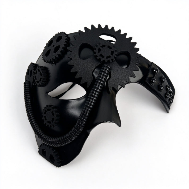 Steampunk mechanical mask matte black finish angled perspective view