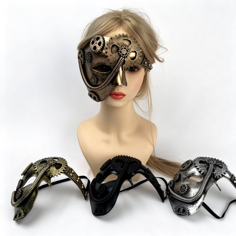 Steampunk mechanical mask mannequin display with multi-color assortment layout