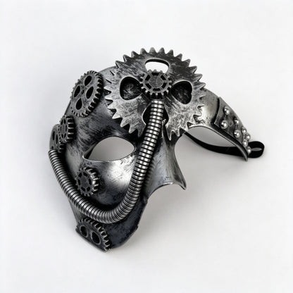 Steampunk mechanical mask antique silver gear angled perspective view