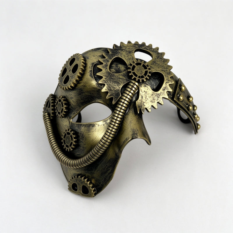 Steampunk mechanical mask metallic gold bronze angled perspective view