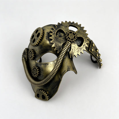 Steampunk mechanical mask metallic gold bronze angled perspective view