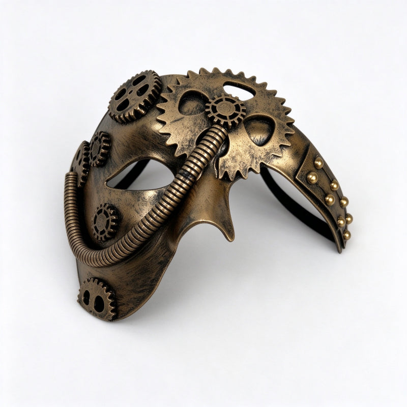 Steampunk mechanical mask antique copper gear angled perspective view